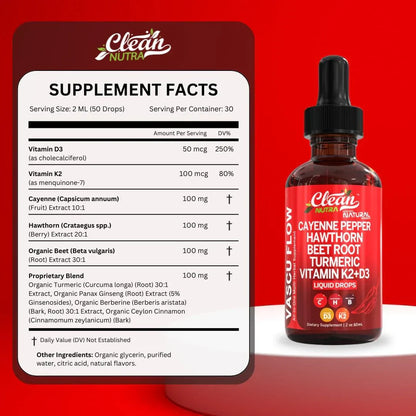 Vascu Flow - Cayenne Pepper Liquid Drops + Hawthorn Berry, Vitamin D3 K2