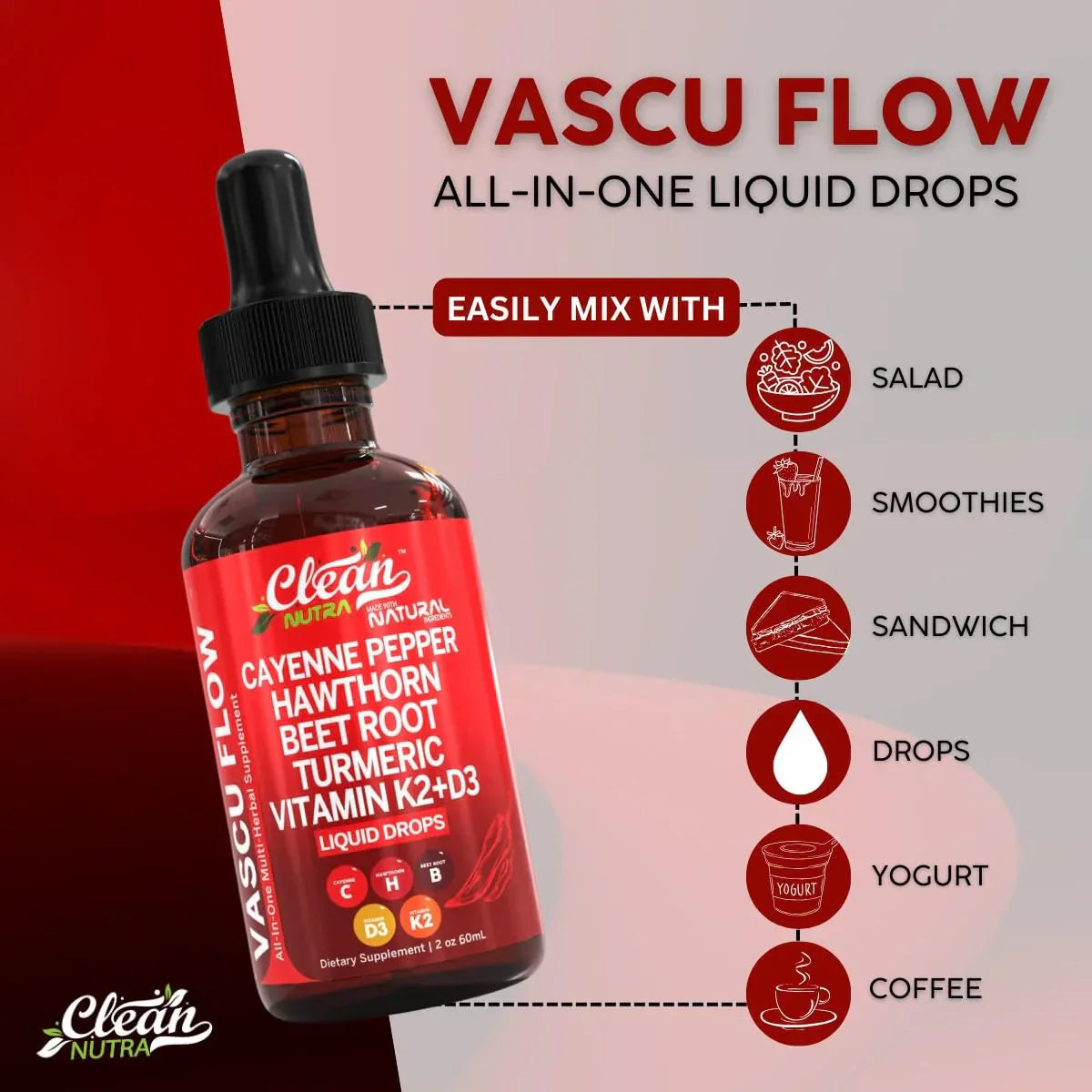 Vascu Flow - Cayenne Pepper Liquid Drops + Hawthorn Berry, Vitamin D3 K2