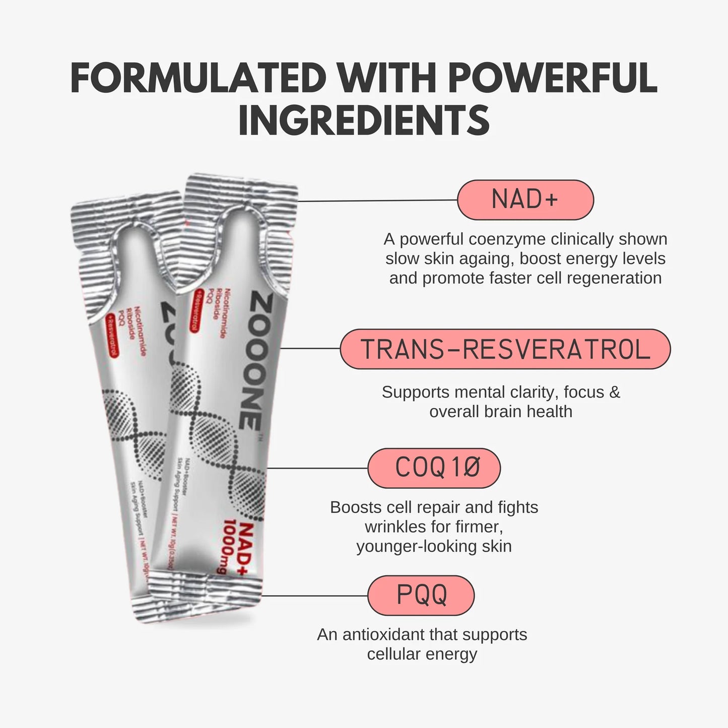 ZOOONE NR1000 - NAD+ Berry Flavor Drink for Skin Aging Support, Energy, and Focus